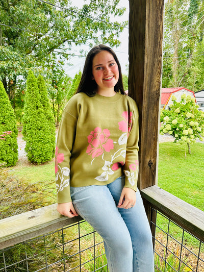 OLIVE/PINK FLOWER JACQUARD PULLOVER SWEATER