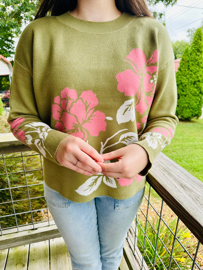 OLIVE/PINK FLOWER JACQUARD PULLOVER SWEATER