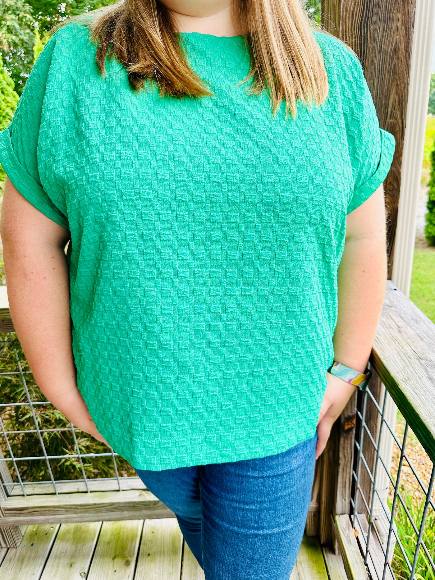 Curvy Green Textured Jacquard Boxy Cut Top with Back Buttons