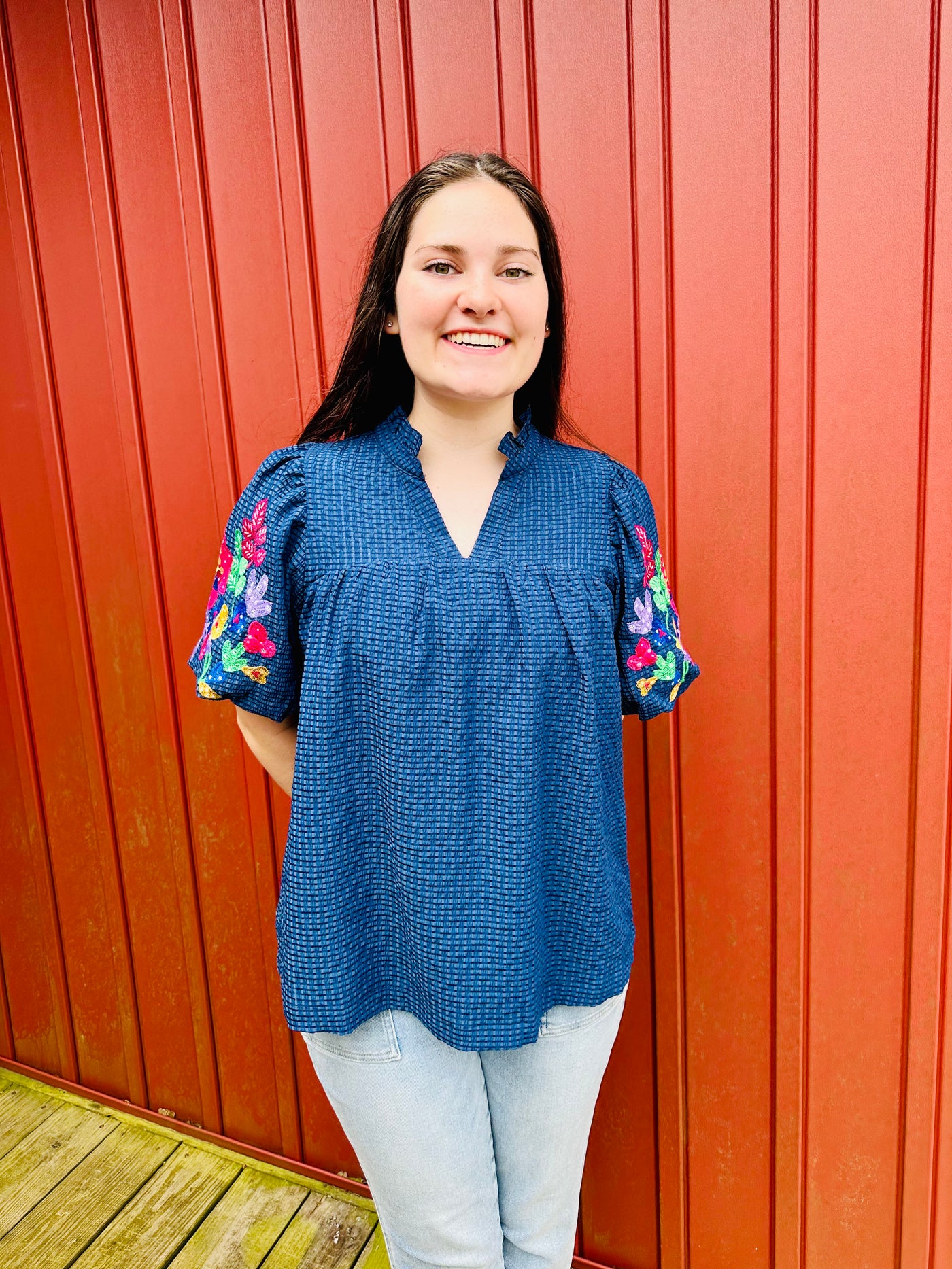 Navy Embroidered Short Sleeve Top