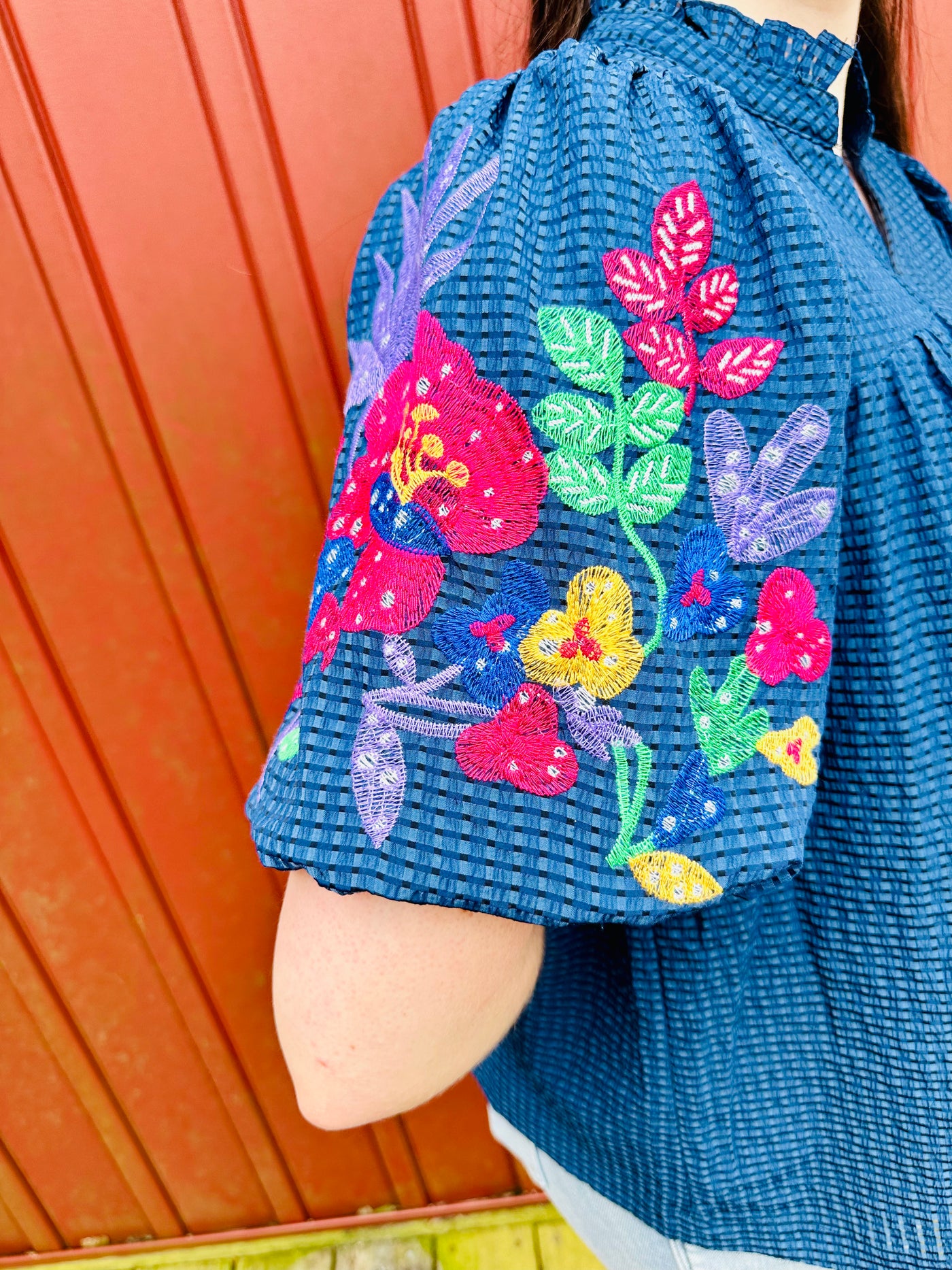 Navy Embroidered Short Sleeve Top