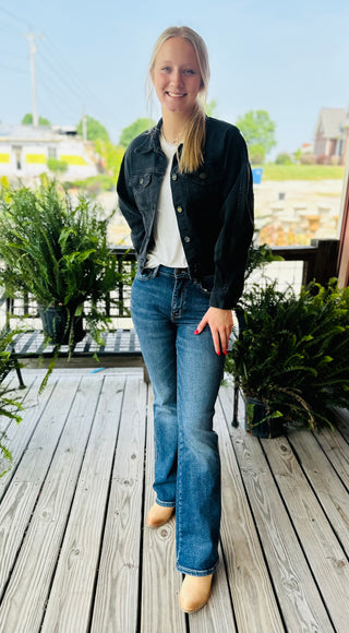 Black Balloon Sleeve Denim Jacket