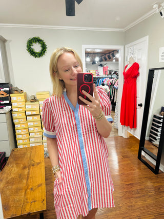 Red Vertical Stripe Shift Dress