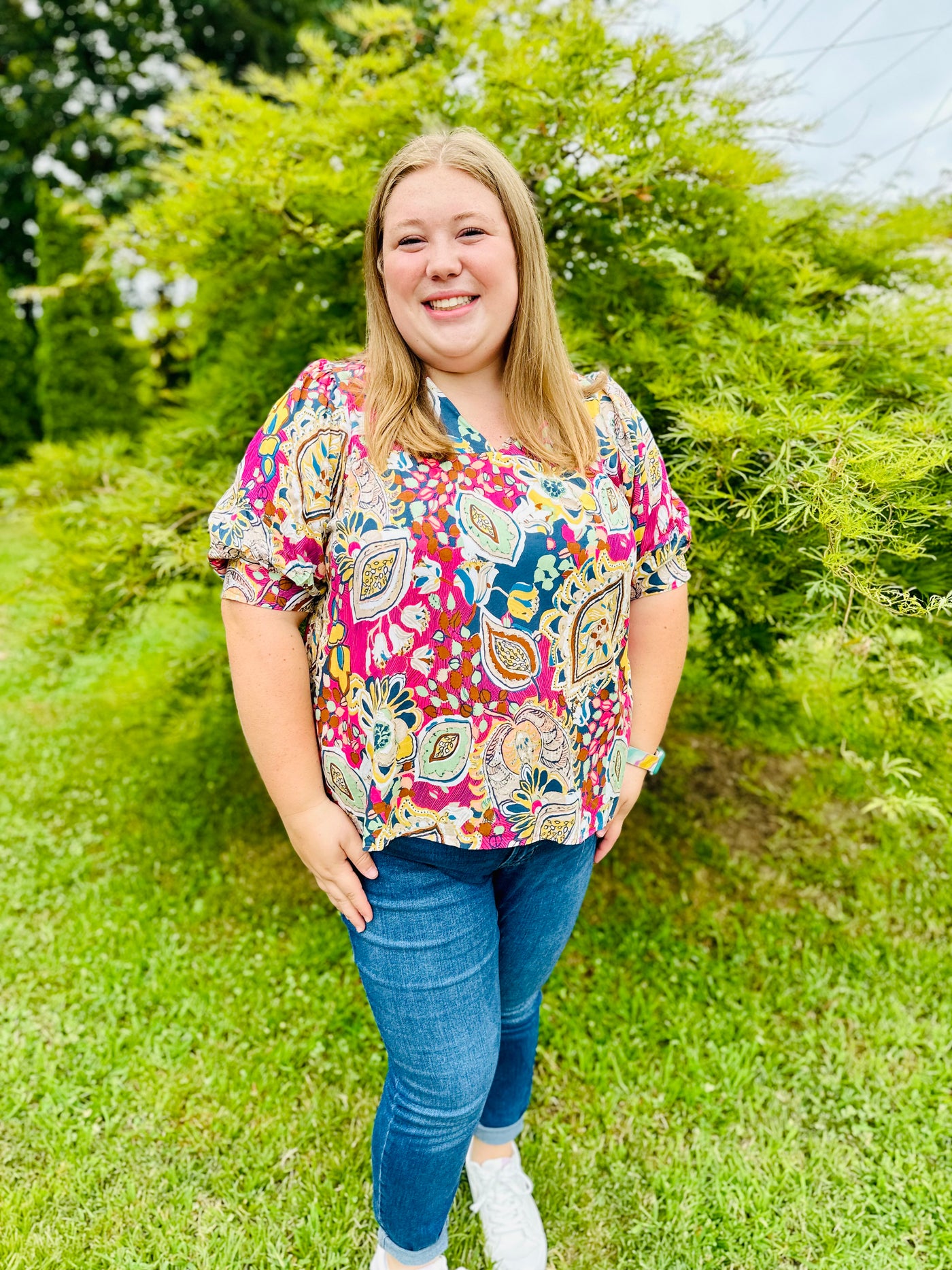 Curvy Pink Mixed Print Split Neck Top with Short Puff Sleeves