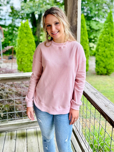 Light Pink Waffle Knit Pullover Top with Slits
