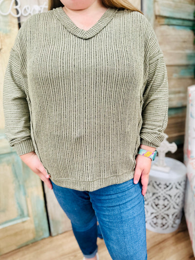 Curvy Olive Striped Drop Shoulder V Neck Knit Top