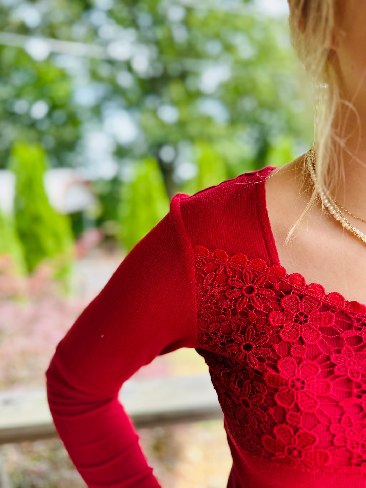 Red Lace Crochet V Neck Long Sleeve Top Final Sale
