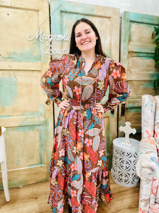 Brown Multi Smocked Waist Flare Dress by FATE Final Sale