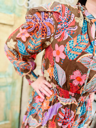 Brown Multi Smocked Waist Flare Dress by FATE Final Sale