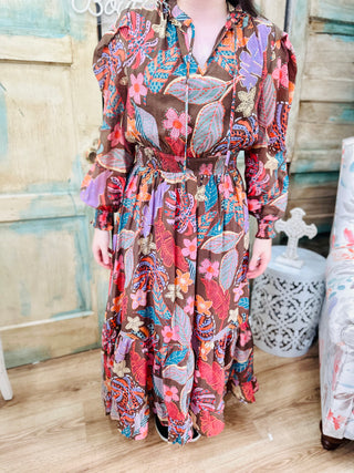 Brown Multi Smocked Waist Flare Dress by FATE Final Sale