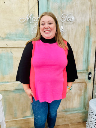 Curvy Black/Hot Pink Colorblock Mock Bell Sleeve Sweater by FATE Final Sale