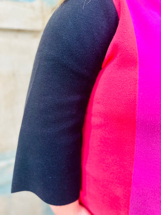 Curvy Black/Hot Pink Colorblock Mock Bell Sleeve Sweater by FATE Final Sale