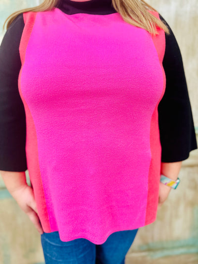 Black/Hot Pink Colorblock Mock Bell Sleeve Sweater by FATE