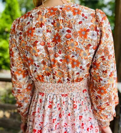 Orange Mix Floral Patchwork Frill Tiered Dress