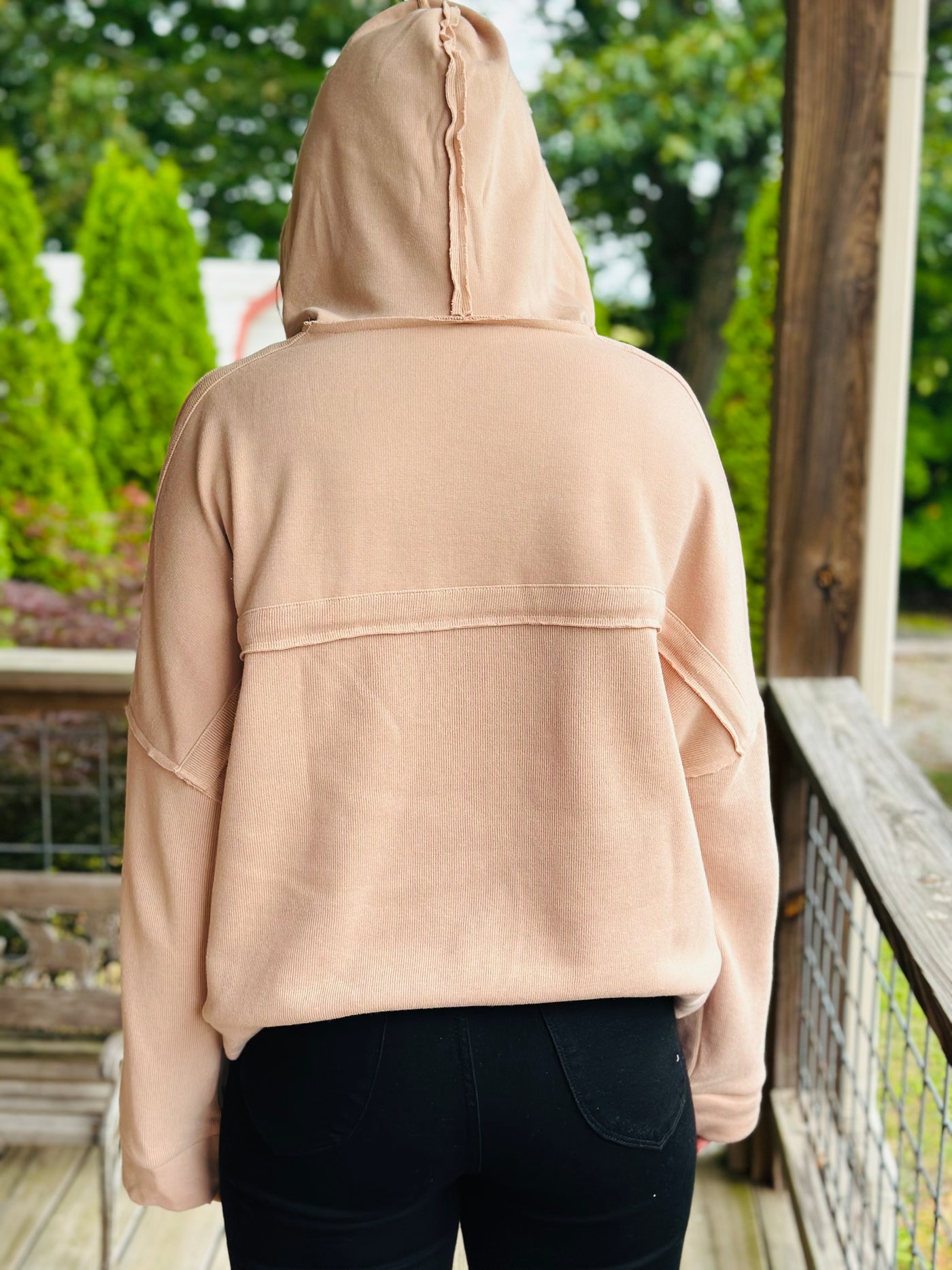 Khaki Buttoned High and Low Hem Hoodie Final Sale