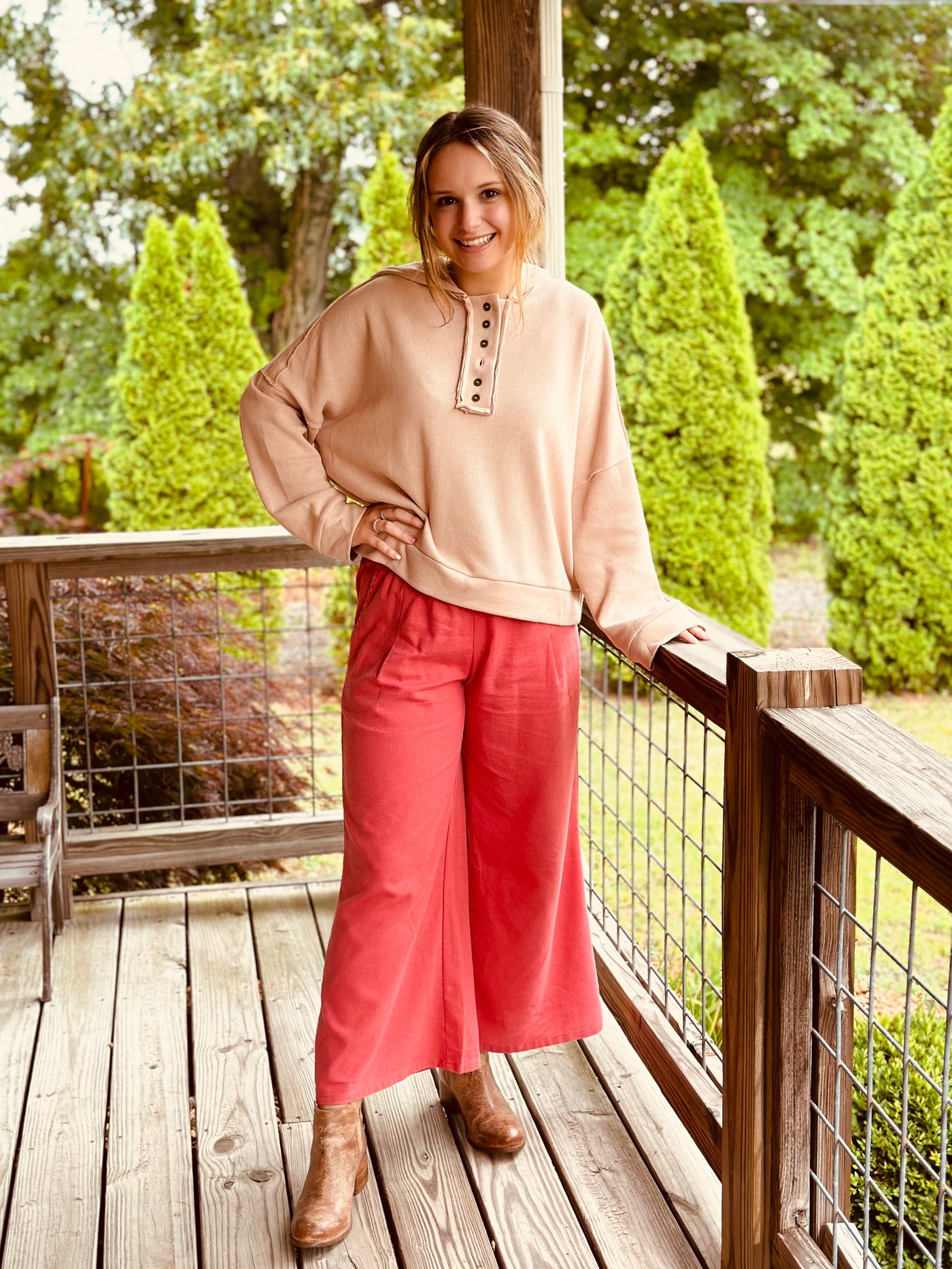 Rust Woven Contrast Knit Waist Wide Leg Pants w/ Pockets