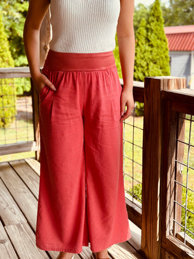 Rust Woven Contrast Knit Waist Wide Leg Pants w/ Pockets