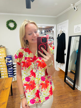 Umgee Smocked Yoke Ruffle Sleeve Floral Blouse FINAL SALE