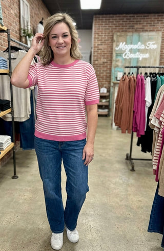 Pink Striped Crew Neck Short Sleeve Sweater FINAL SALE