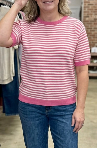 Pink Striped Crew Neck Short Sleeve Sweater FINAL SALE