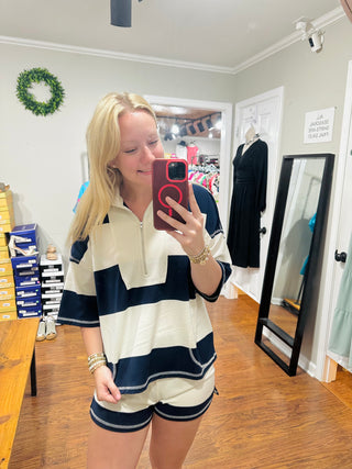 Navy/Cream Striped 1/2 Zip Pullover Top and Short Set