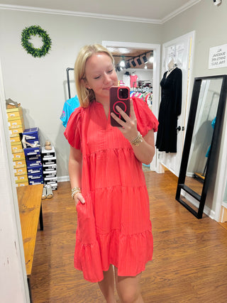 Umgee Coral Puff Sleeve Tiered Babydoll Dress w/ Pockets FINAL SALE