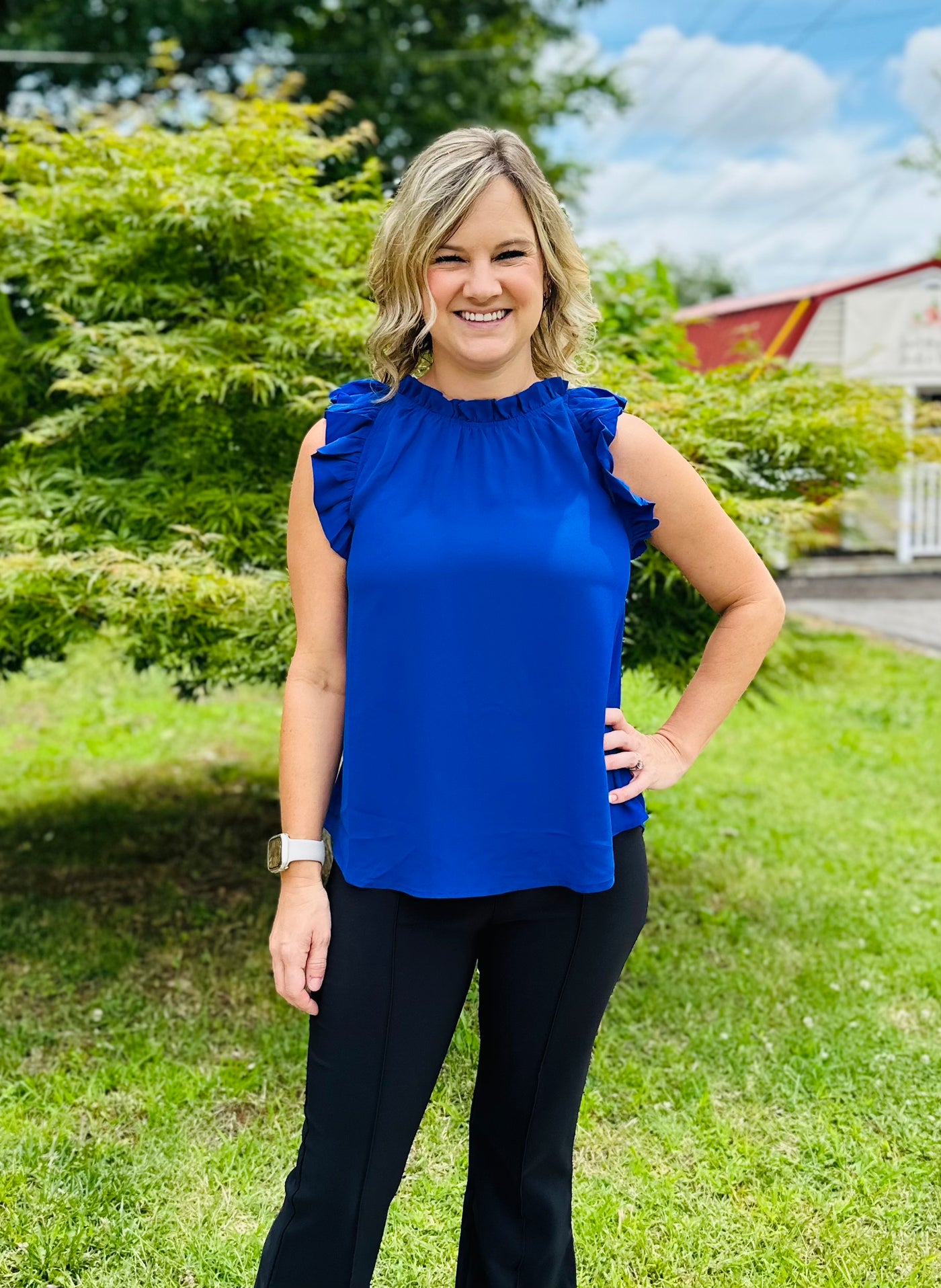 ROYAL BLUE FOLDED RUFFLE SLEEVELESS WOVEN TOP