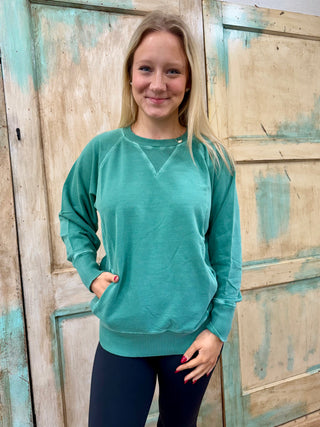 Curvy Dk Green Pigment Dyed French Terry Pullover w/ Pockets