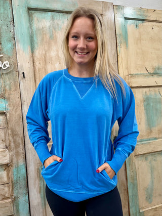 Curvy Classic Blue Pigment Dyed French Terry Pullover w/ Pockets