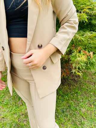 KHAKI SOLID FOLDED SLEEVE BLAZER Final Sale