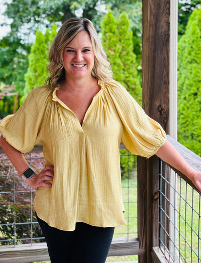 Yellow Scrunched Elastic V-neck Top