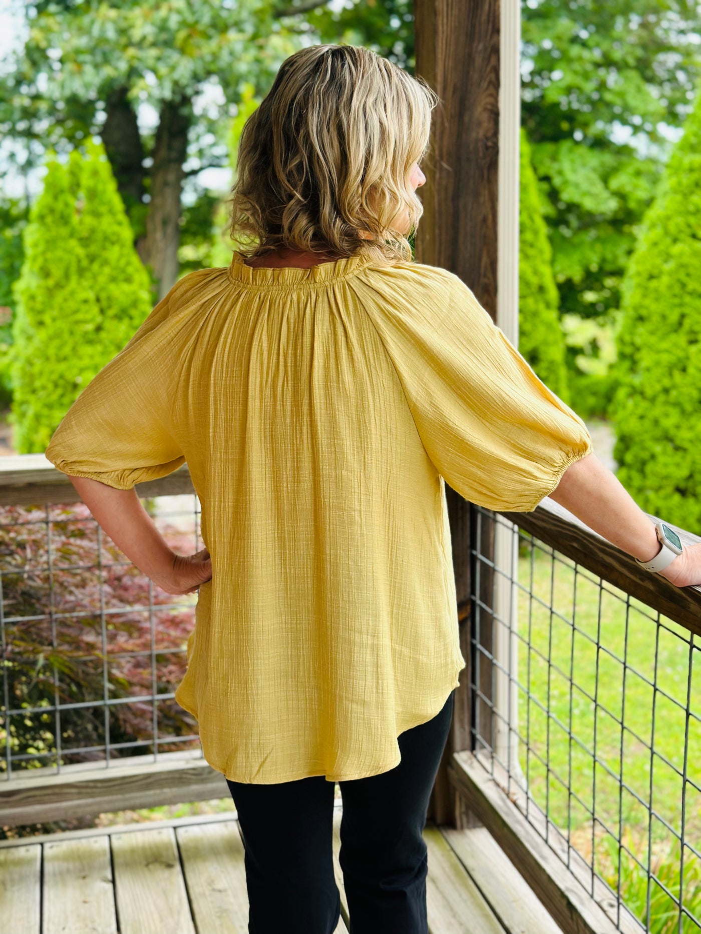 Yellow Scrunched Elastic V-neck Top
