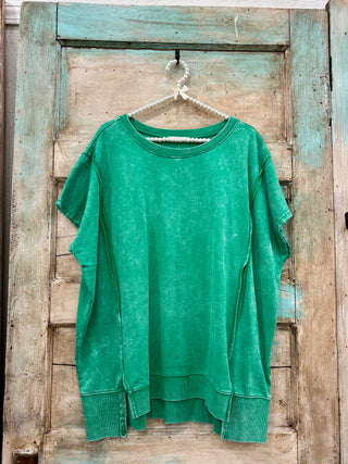 Curvy Kelly Green French Terry Acid Washed Hi-low Top