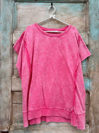 Curvy Fuchsia French Terry Acid Washed Hi-low Top
