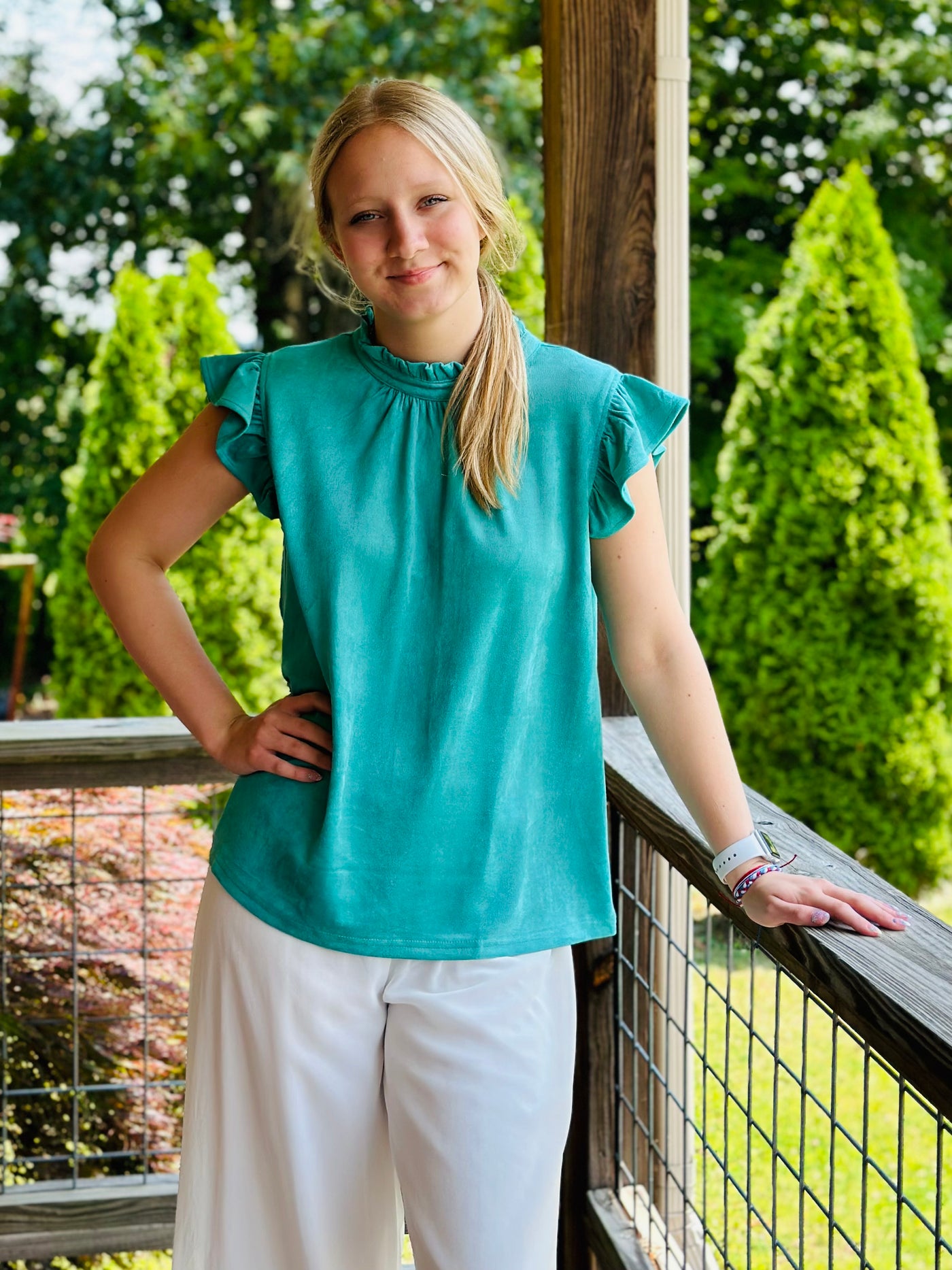 Mint Suede Ruffle Sleeve Top