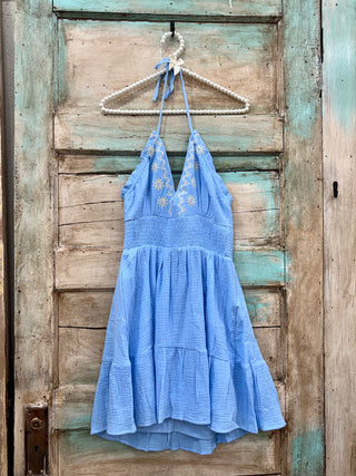 SC Blue Halter Neck Embroidered Cotton Gauze Mini Dress FINAL SALE