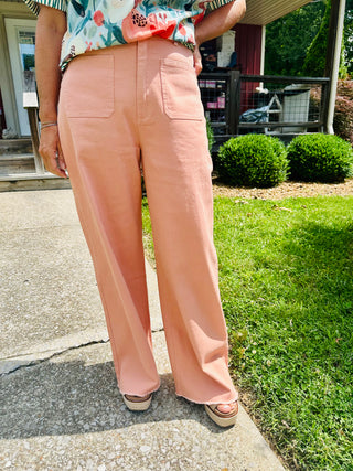 CORAL PINK 2 POCKET DETAIL WIDE LEG HIGH WAIST PANTS