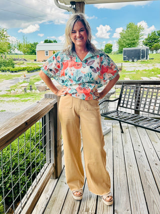 SAND 2 POCKET DETAIL WIDE LEG HIGH WAIST PANTS