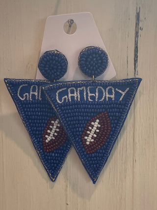 Royal Blue Seed Beaded Game Day Football Earrings