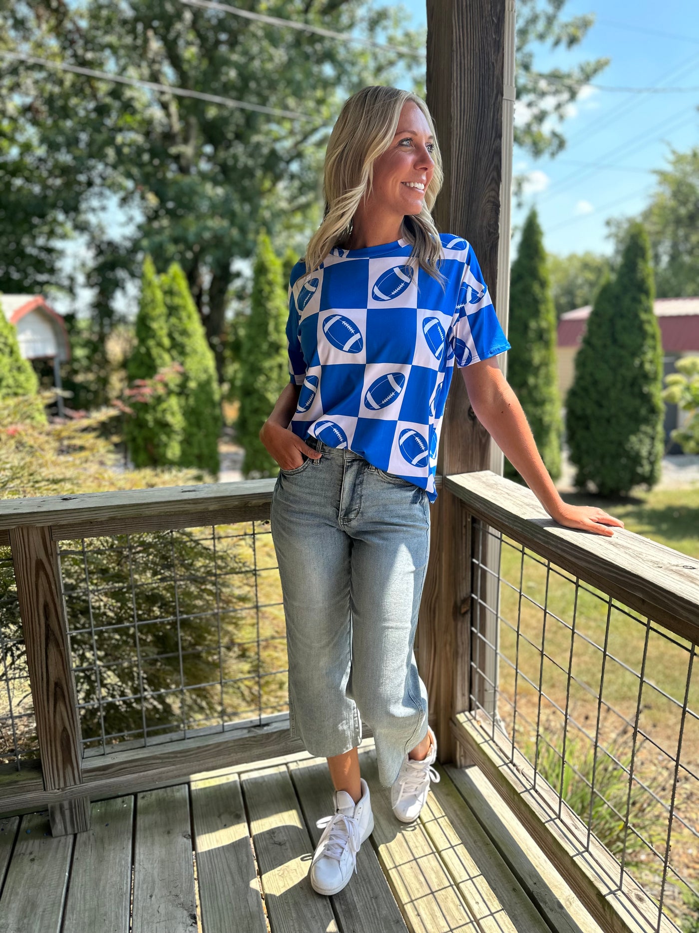 BLUE GAME DAY FOOTBALL, CHECKER PRINT KNIT TOP