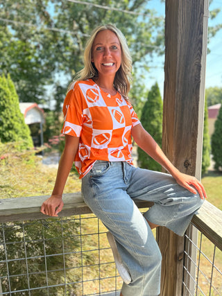 ORANGE GAME DAY FOOTBALL, CHECKER PRINT KNIT TOP Final Sale