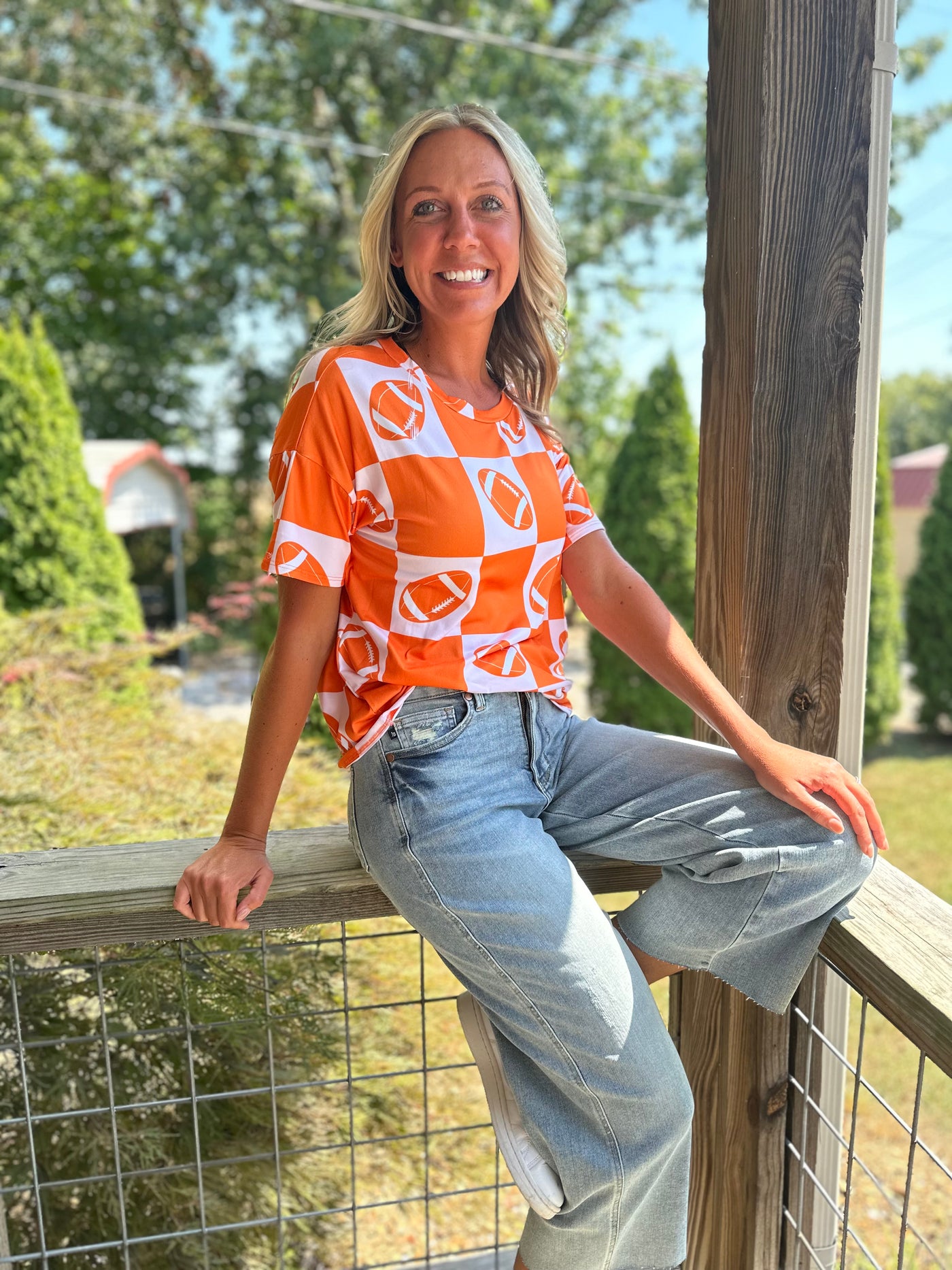 ORANGE GAME DAY FOOTBALL, CHECKER PRINT KNIT TOP