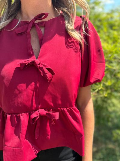 Burgundy Solid Short Puff Sleeve Peplum Top