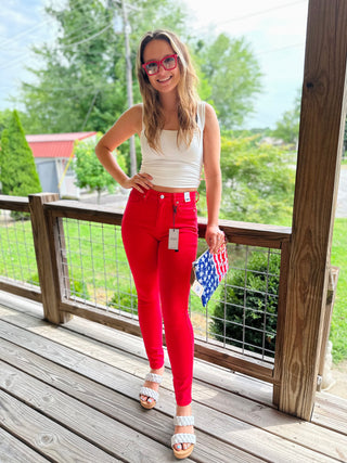 JUDY BLUE HIGH WAIST TUMMY CONTROL GARMENT DYED SKINNY IN RED COLOR