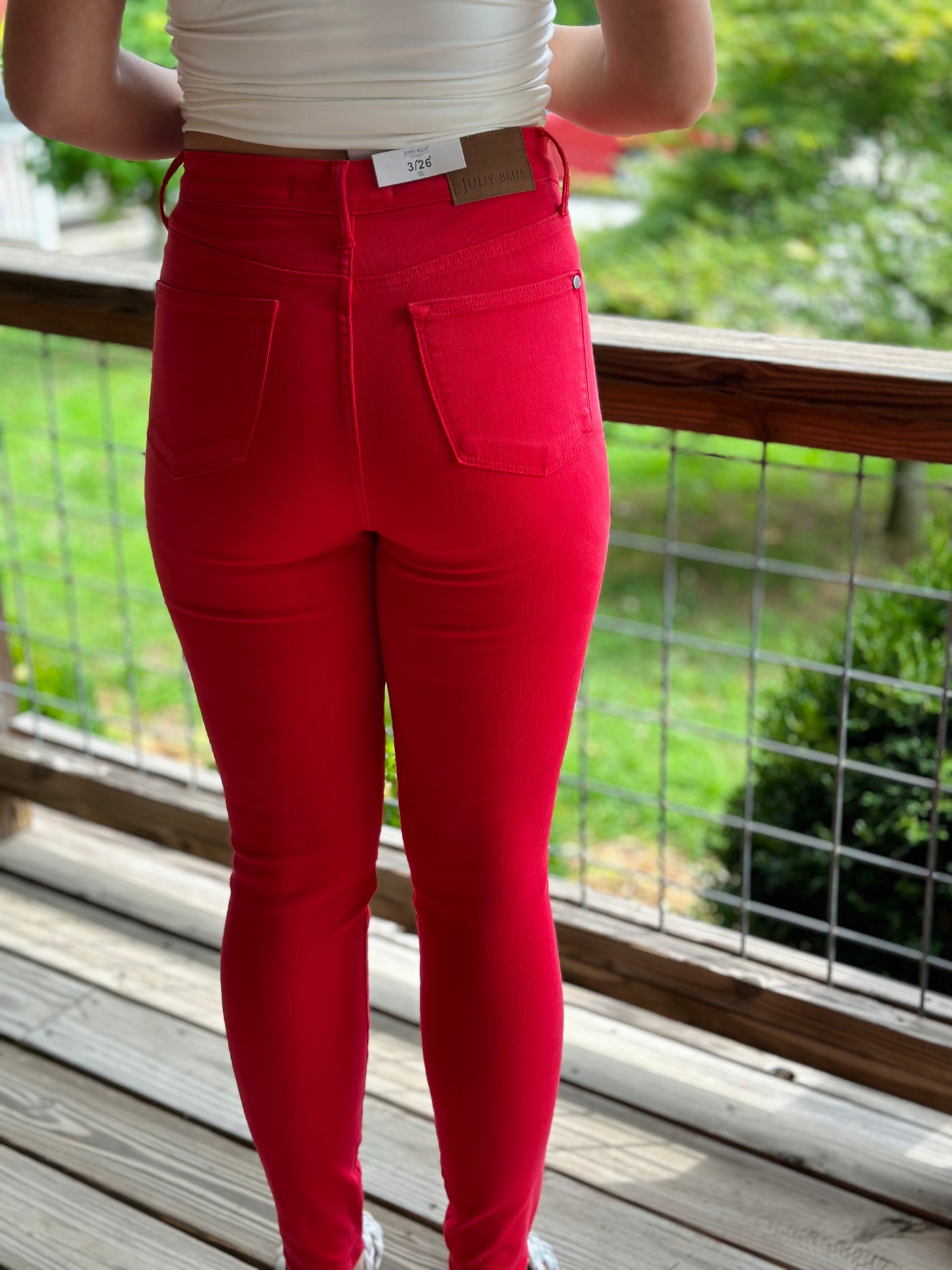 JUDY BLUE HIGH WAIST TUMMY CONTROL GARMENT DYED SKINNY IN RED COLOR