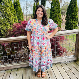 Curvy Cream Mixed Print Tiered Midi Dress with Ruffle Neck w/ Pockets FINAL SALE