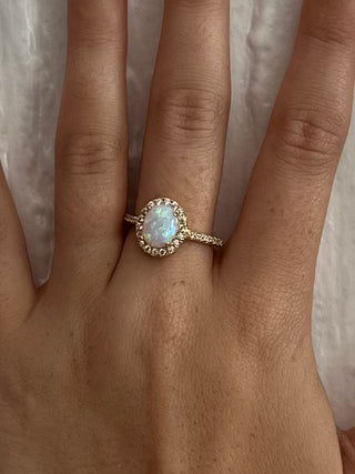 14K Rose Gold Over Sterling Silver Opal Center with Cubic Zirconia Halo and Sides Ring - Size 8