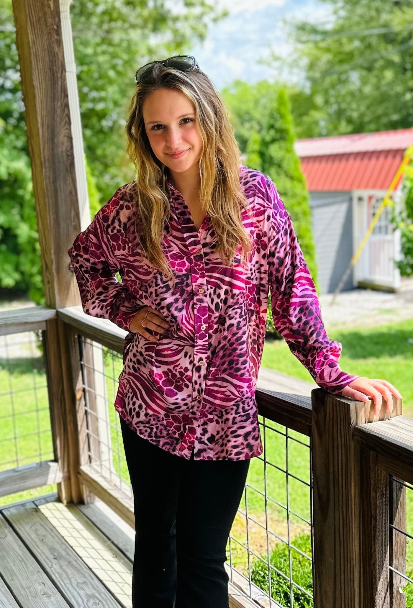 Orchid Button-Up Satin Leopard Print Top
