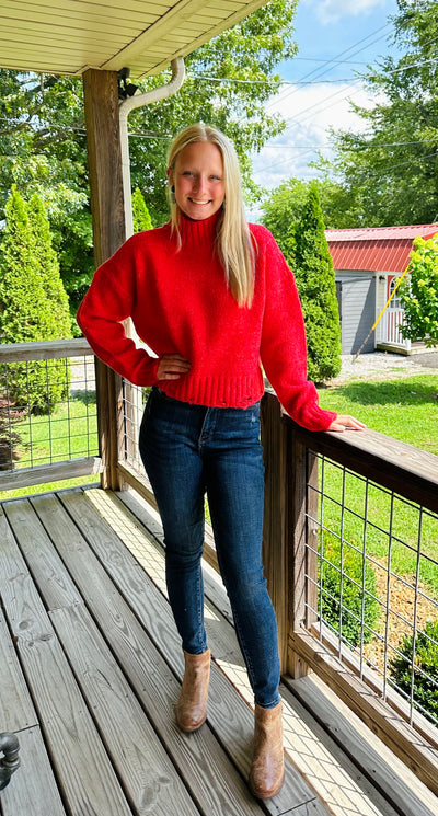 Red Mock Neck Solid Cozy Sweater Top w/ Distressed Hem