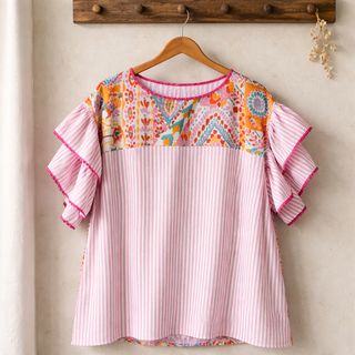 Curvy Geometric Print V Neck Ruffle Sleeve Top Final Sale